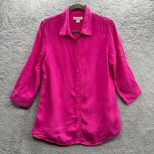 Coldwater Creek Medium Pink 100% Linen Button Up Blouse Roll‎ Up Sleeves Casual